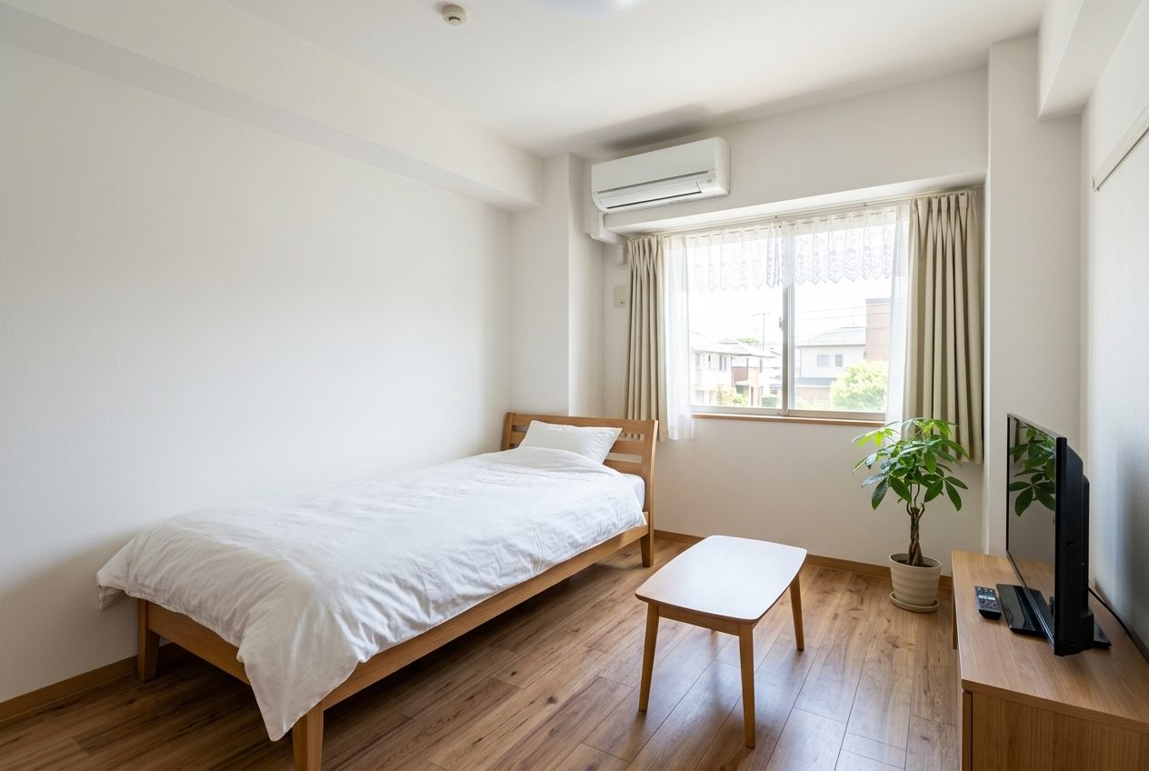 家具と家電がそろったワンルームの寮の室内