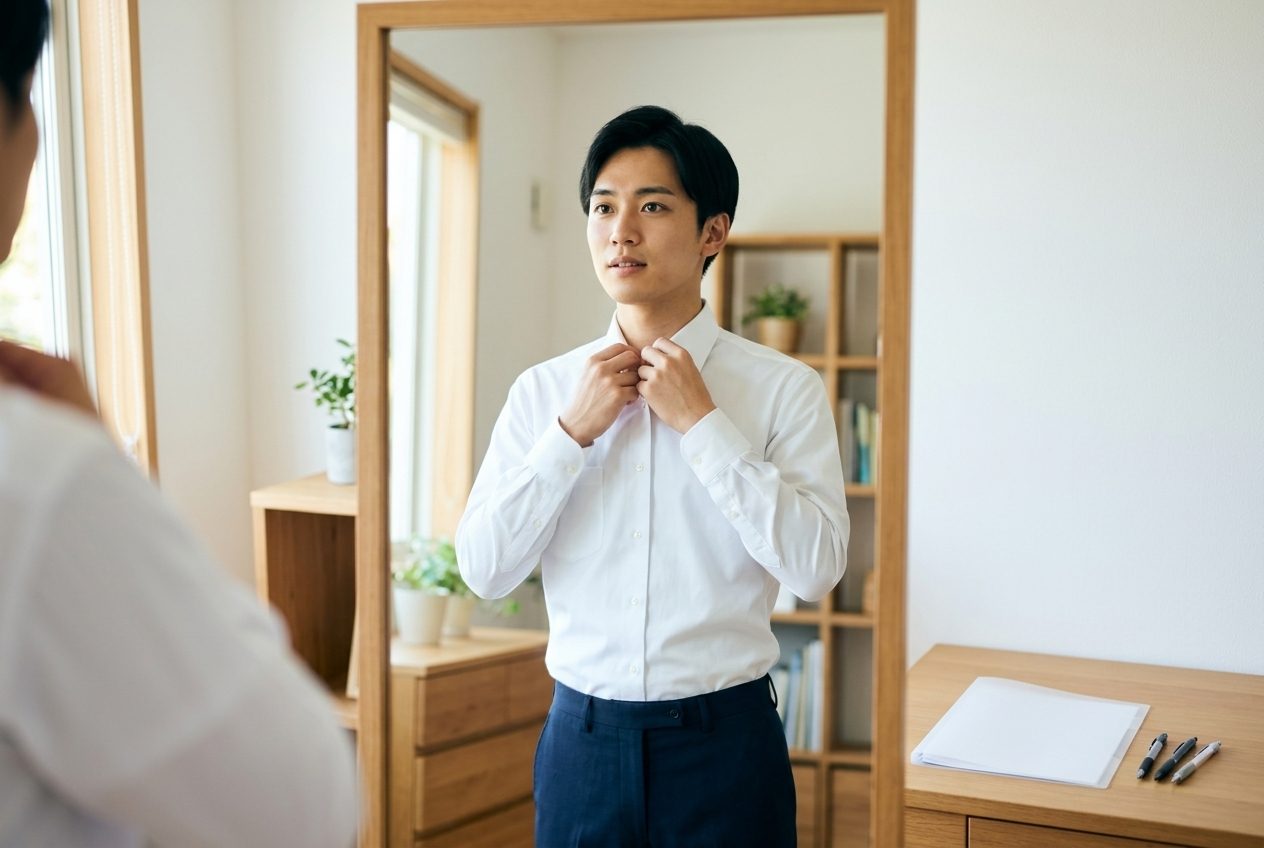 面接に向けて服装と持ち物を整える男性